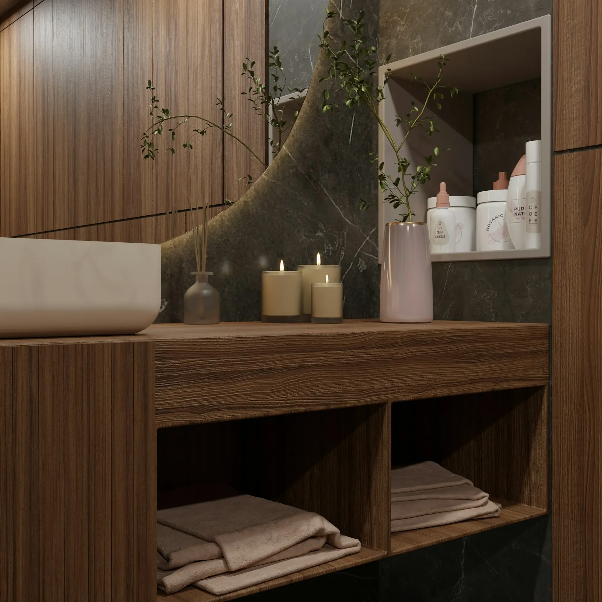 Luxury hotel bathroom vanity with wood cabinetry, stone basin, and open shelving
