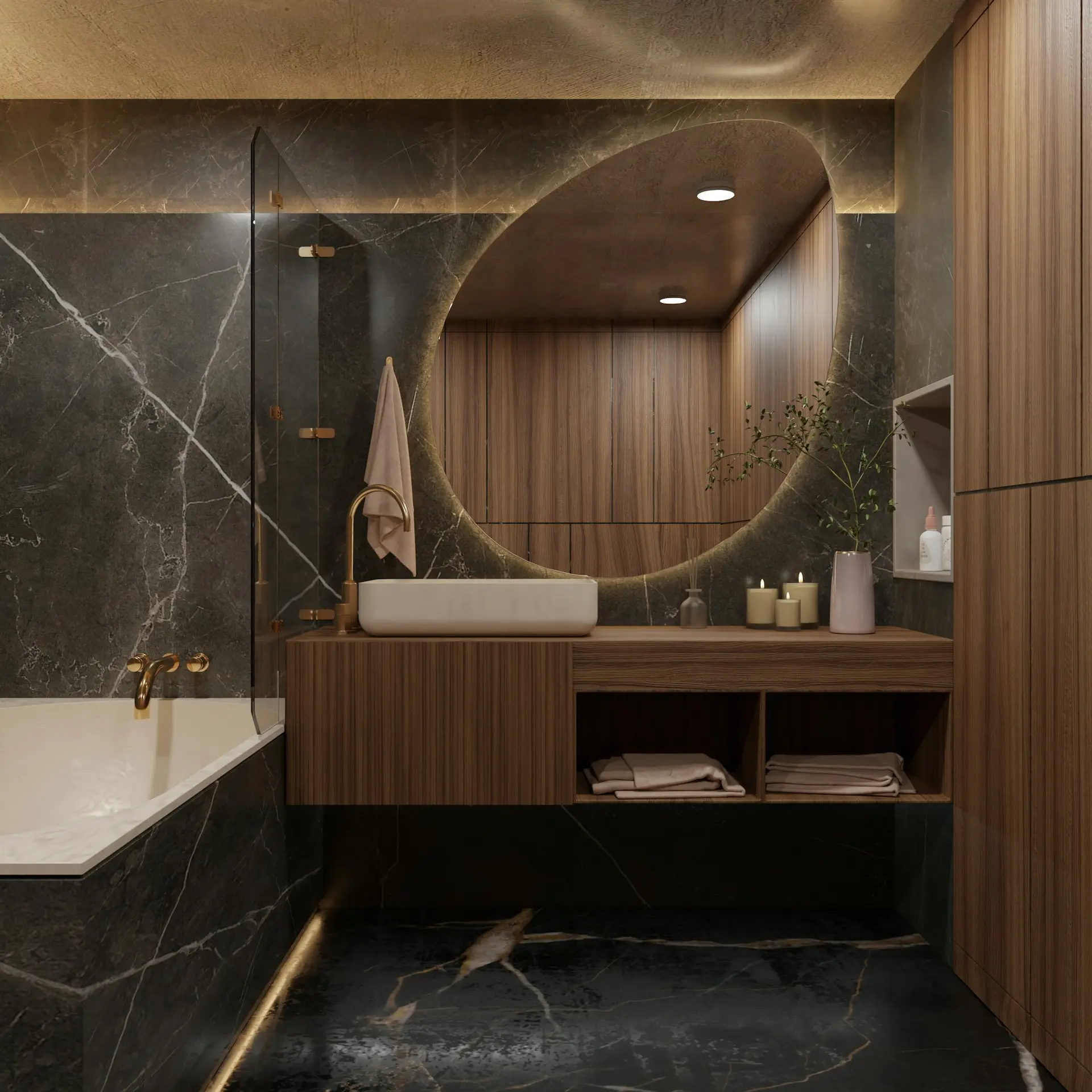 Luxury bathroom vanity unit with round mirror, marble wall, and wood cabinetry