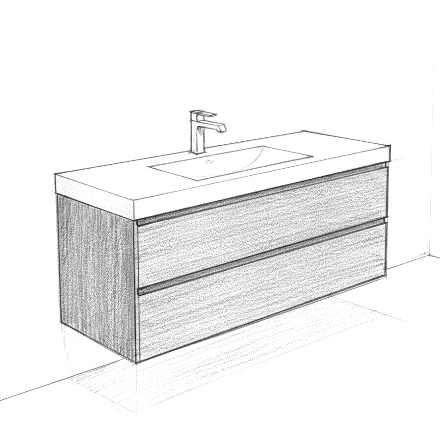 Pencil sketch of custom floating bathroom vanity unit with integrated sink