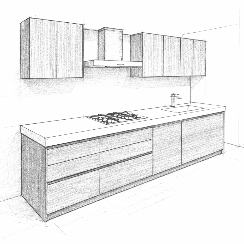Custom kitchen cabinetry sketch showing bespoke layout and modern design