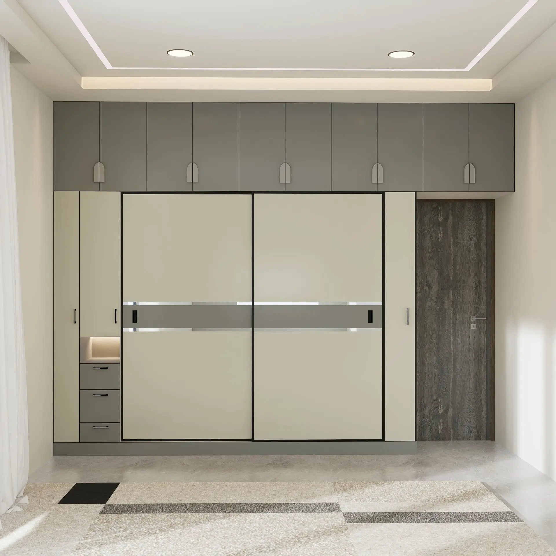 Modern built-in wardrobe with sliding doors, upper cabinets, and integrated lighting
