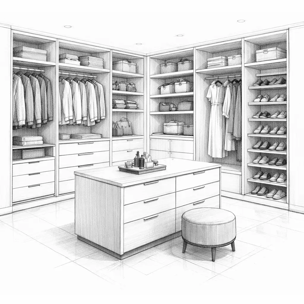 Custom walk-in closet design with built-in wardrobes, drawers, shelving, and a central island