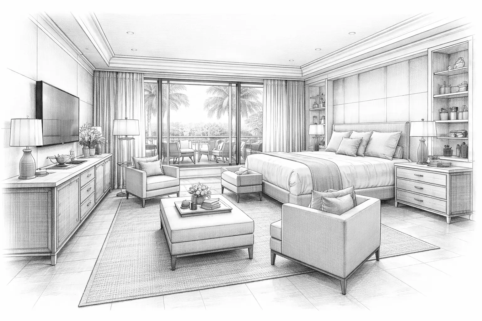 Sketch-style illustration of a luxury hotel guestroom with custom furniture layout