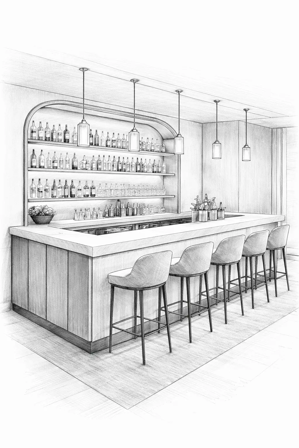 Custom architectural millwork bar counter with integrated shelving and seating in pencil sketch drawing style