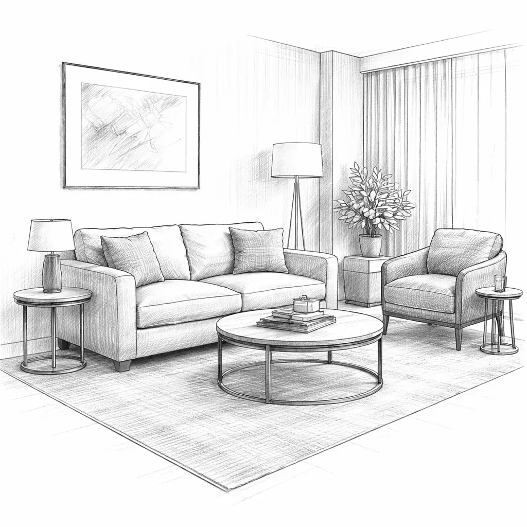 Custom loose furniture living room concept sketch with sofa, armchair, and coffee table design for bespoke interior projects
