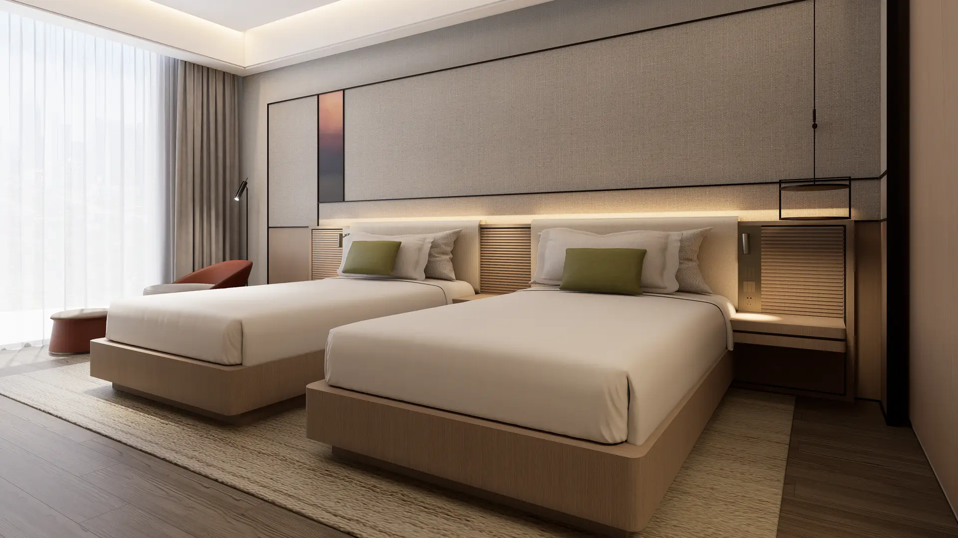 Belosso Horizon mid-range hotel furniture bedroom with twin beds and modern engineered veneer finishes
