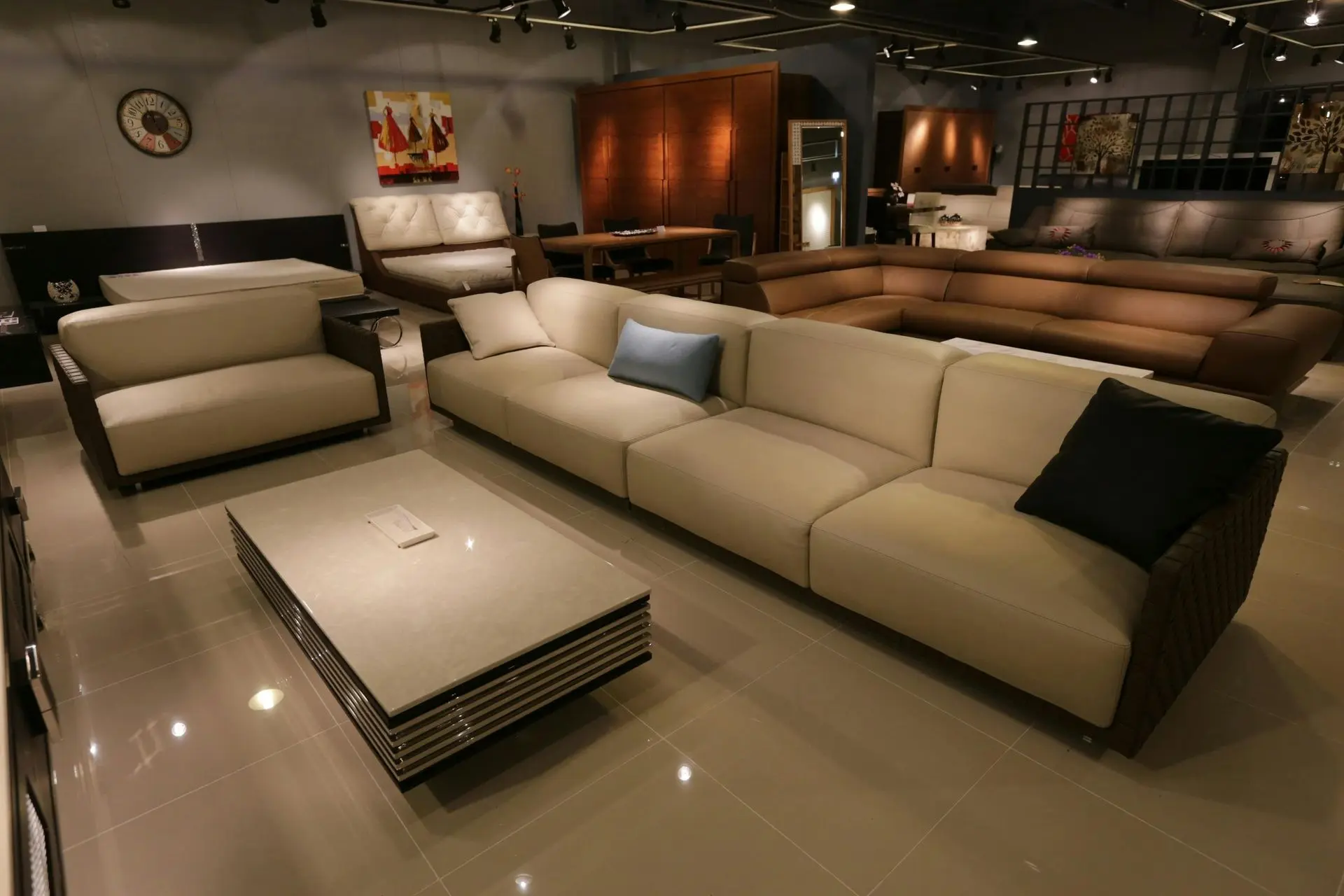 Furniture showroom in China displaying sofas, lounge chairs, and modern living room sets