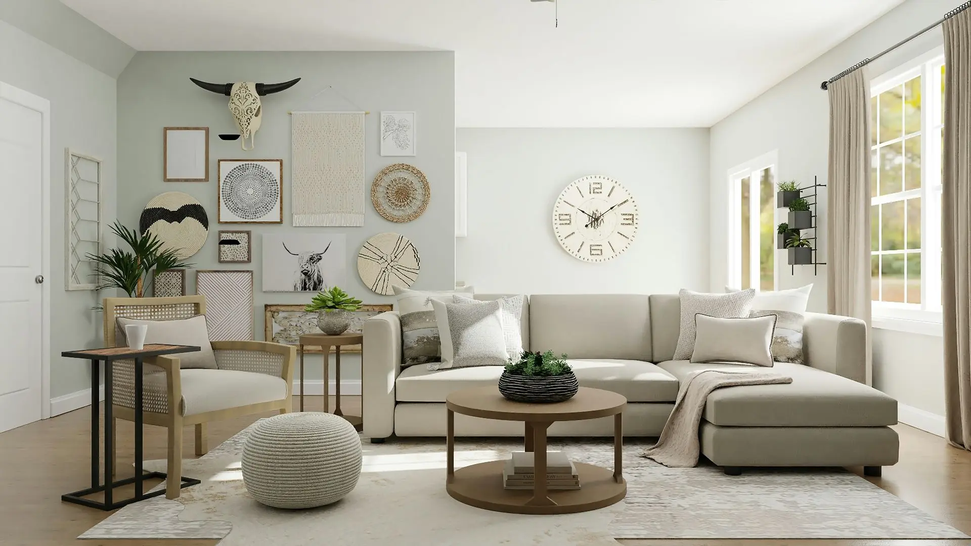 Modern minimalist living room inspired by Chinese interior design with neutral tones and natural materials