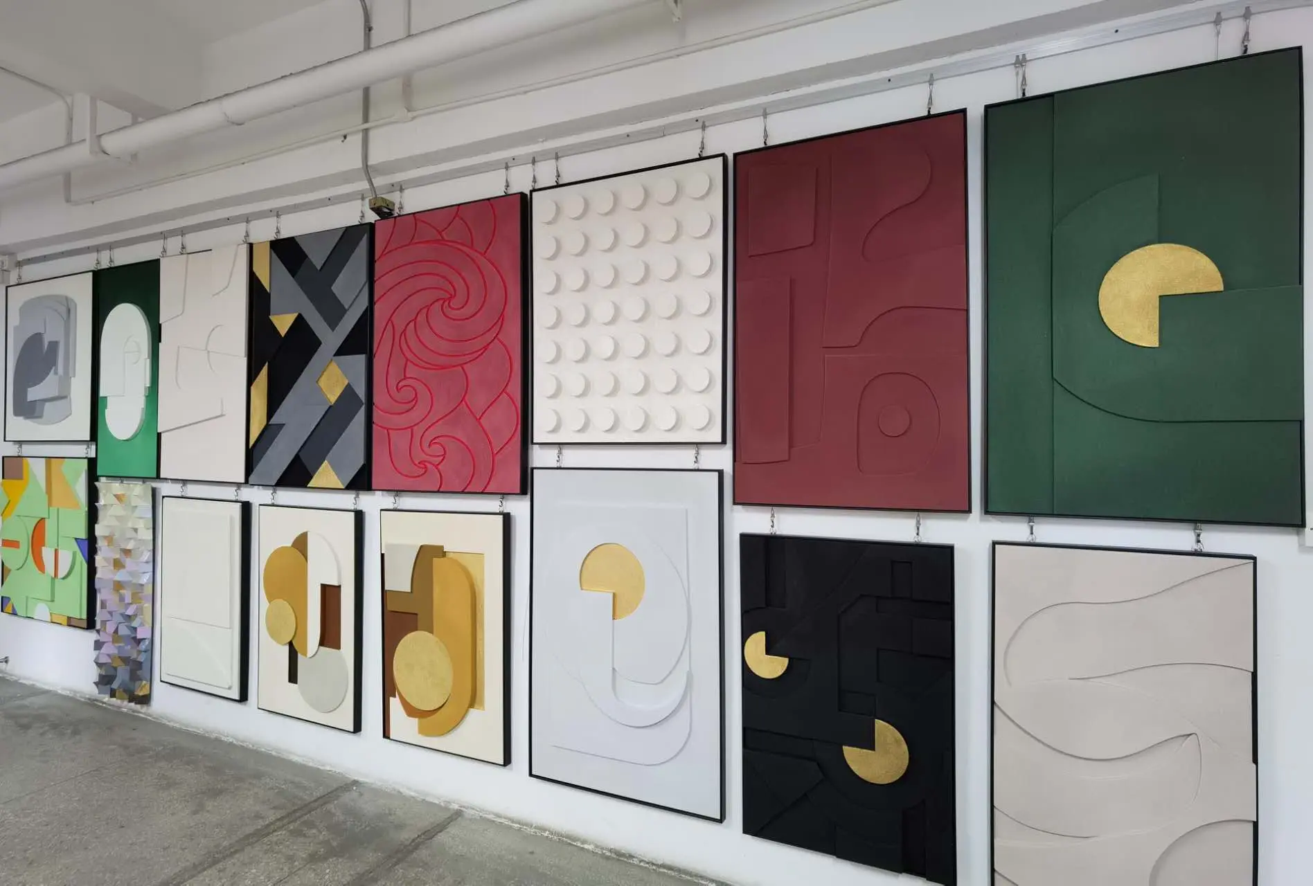 Modern wall art collection with abstract panels and decorative artwork inspired by Chinese artistry