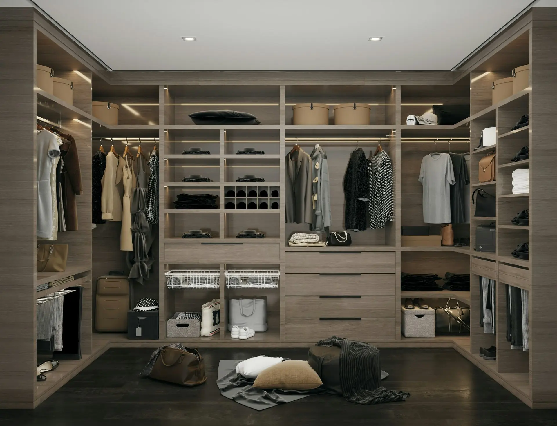 Modern walk-in closet with custom wardrobe storage, shelves, and hanging space