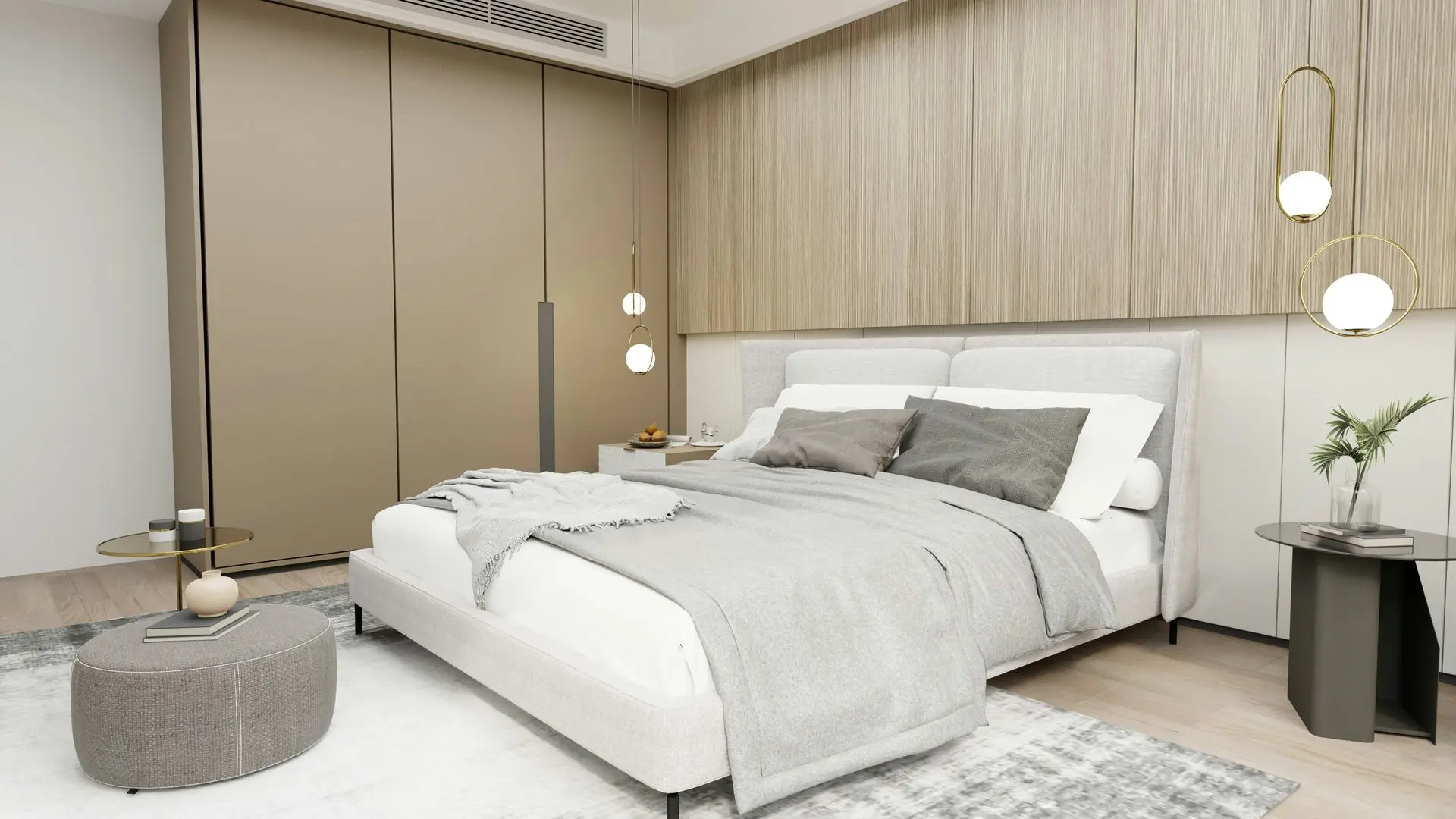 Modern bedroom with integrated headboard wall, full-height cabinetry, and custom architectural millwork