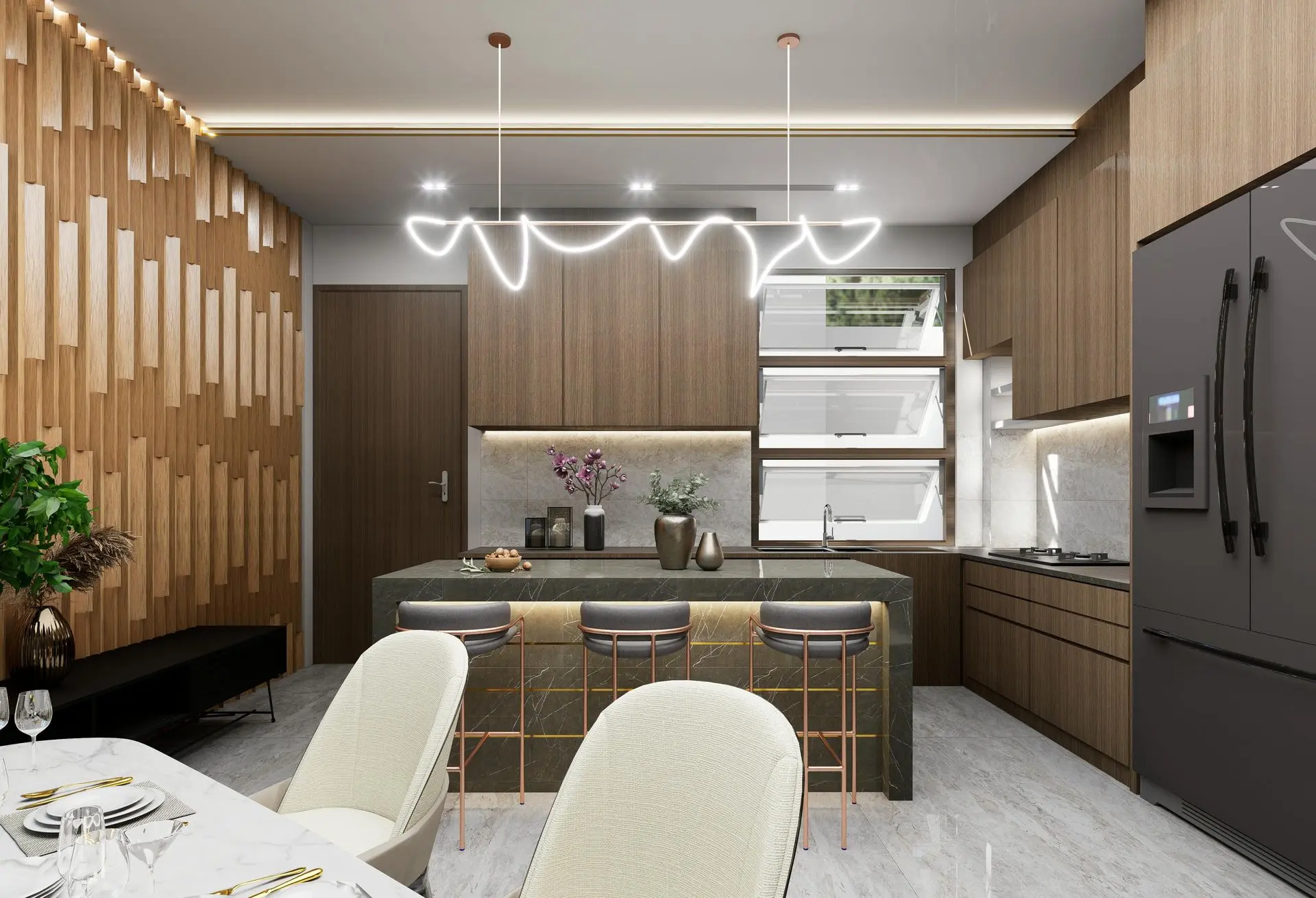 Modern kitchen with custom cabinetry, built-in storage, and island showcasing architectural millwork design