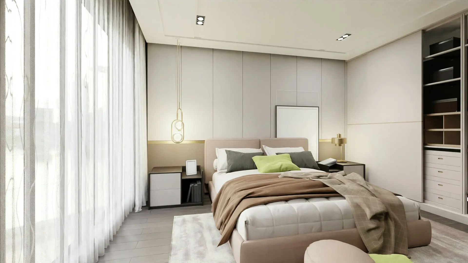 Modern hotel bedroom with built-in wardrobe, headboard wall, and architectural millwork furniture