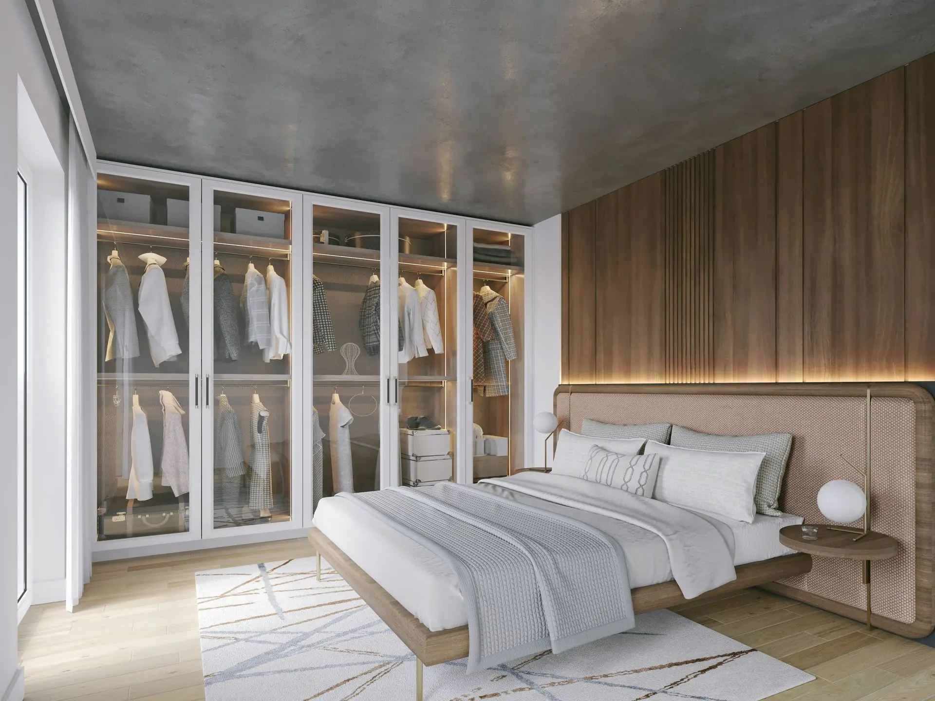 Modern bedroom with glass wardrobe, wood panel wall, and custom architectural millwork design