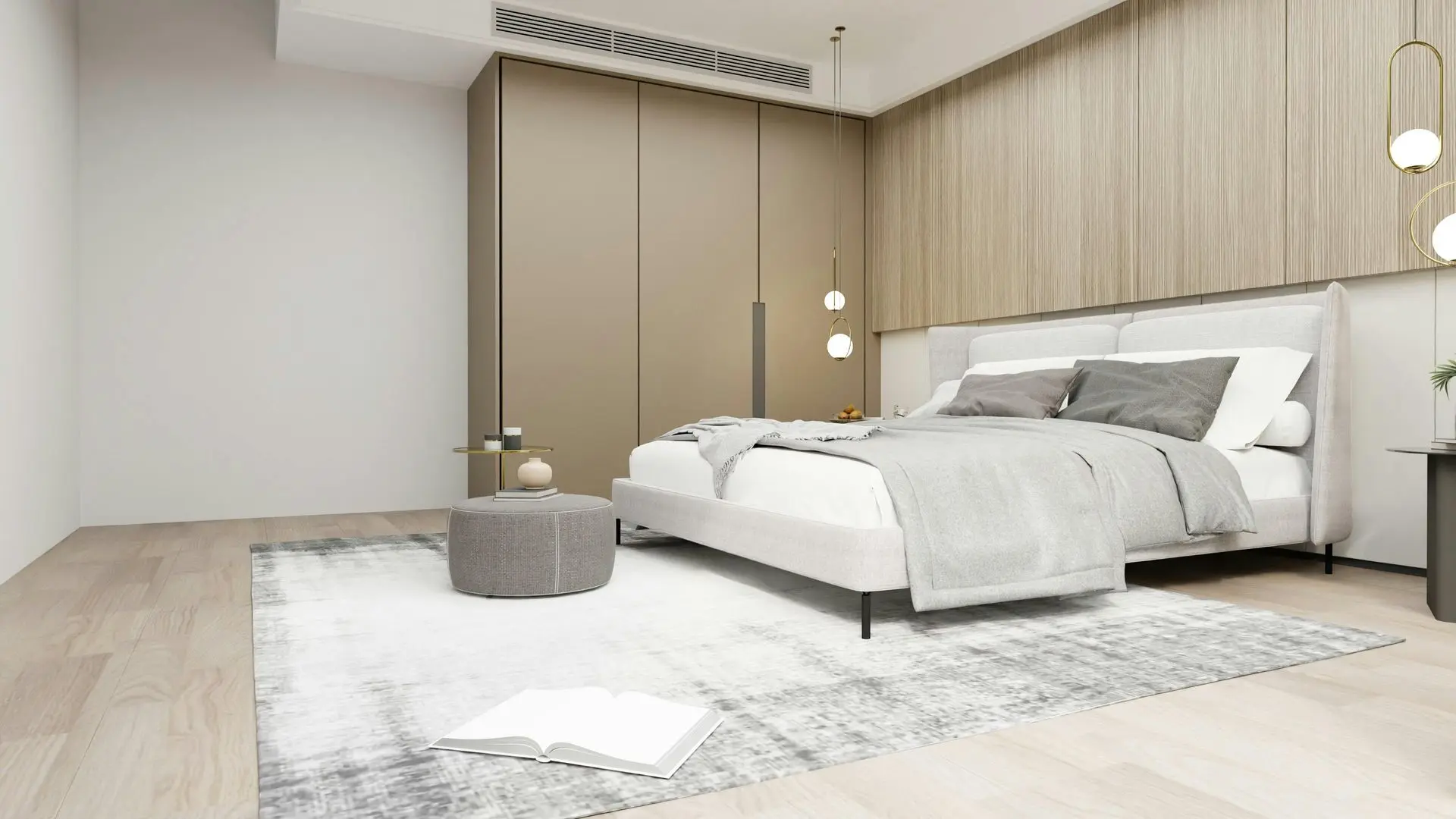 Modern hotel bedroom furniture with upholstered bed, bedside table, and built-in wardrobe