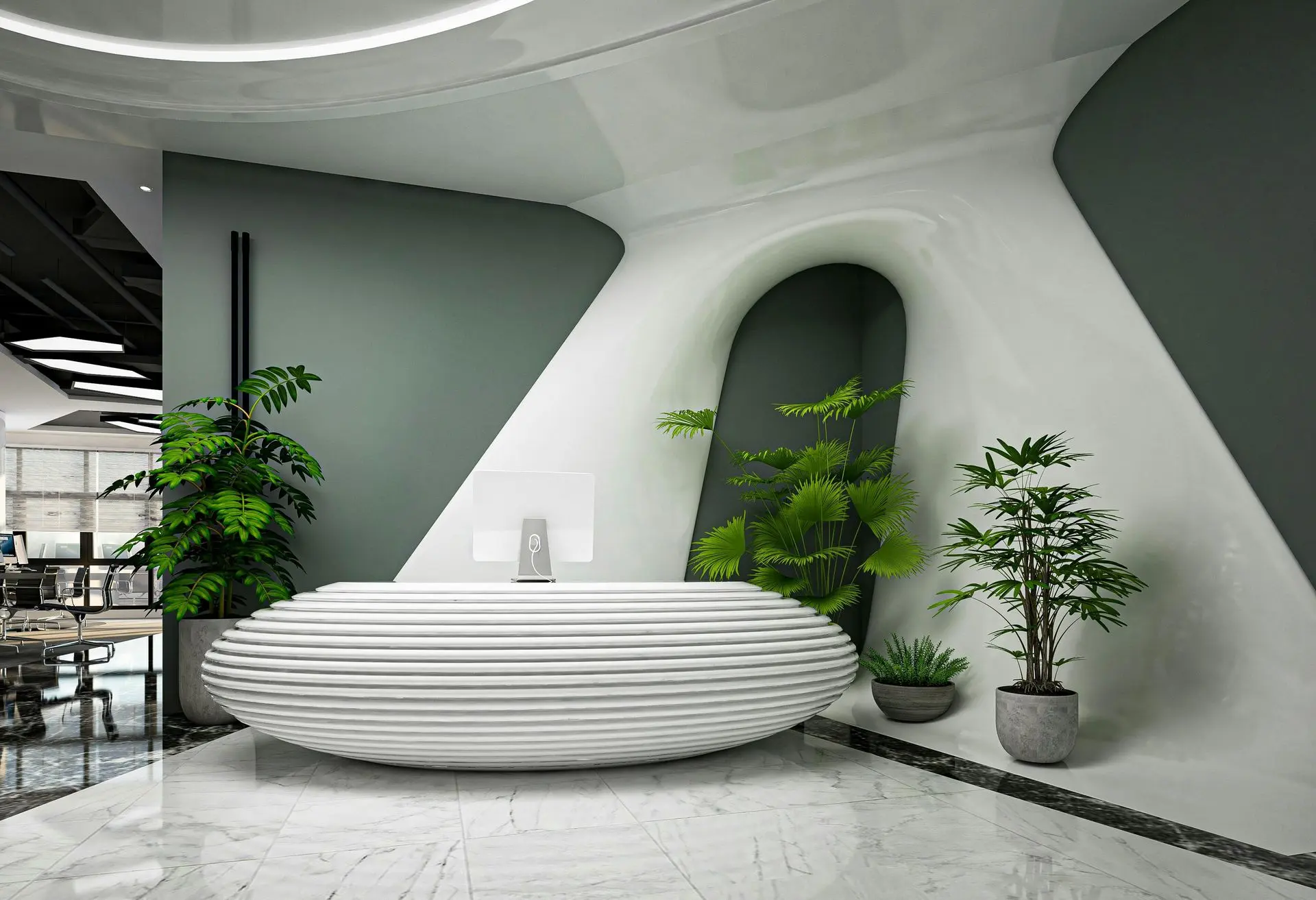 Modern Custom Reception Desk with Unique Curved Architectural Design Custom curved reception desk with sculptural design and integrated technology in a modern commercial interior