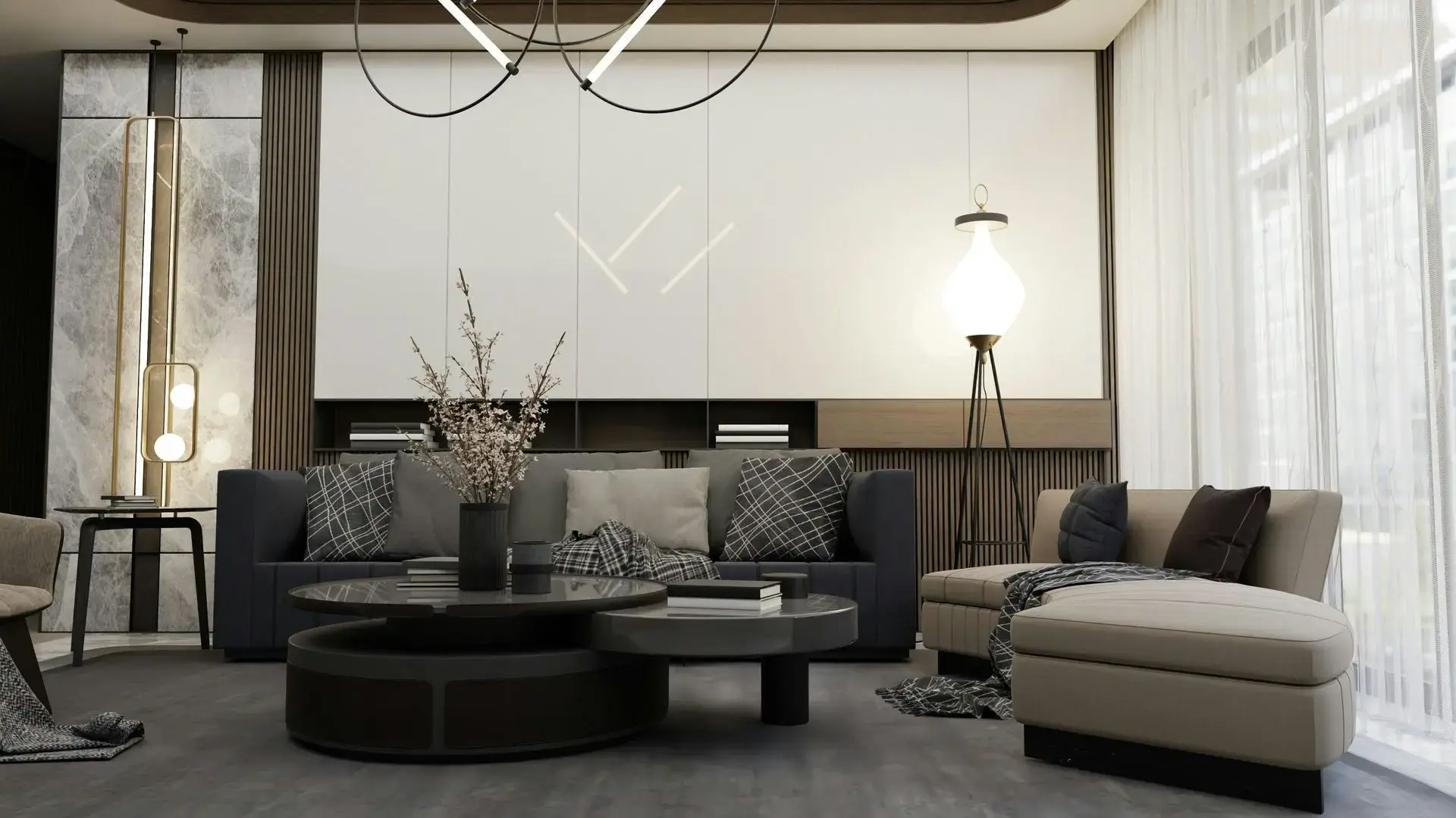 Luxury custom cabinetry in a high-end residential living room with built-in wall panels and integrated storage