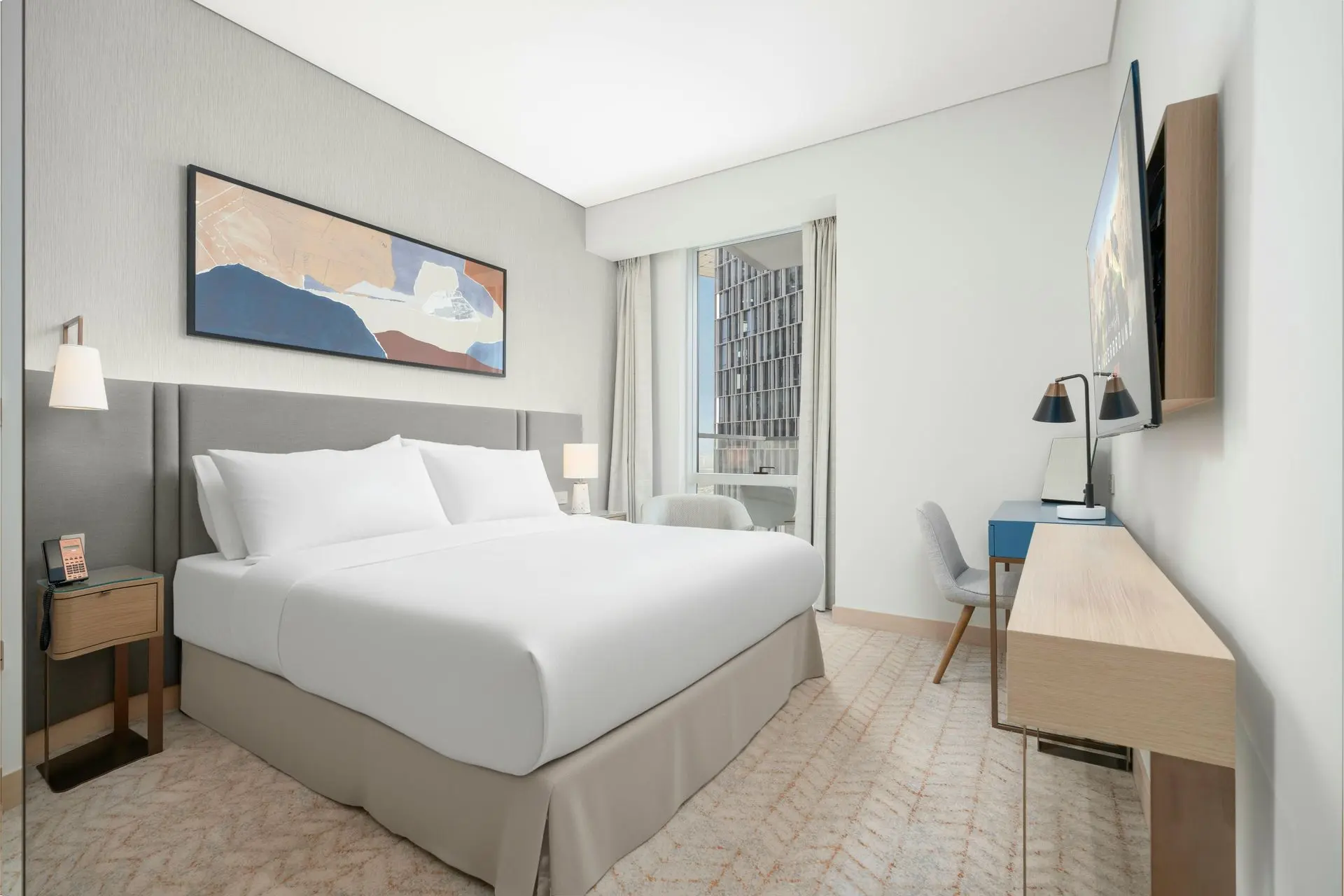 Hotel guest room furniture including bed, nightstand, desk and chair supplied from China