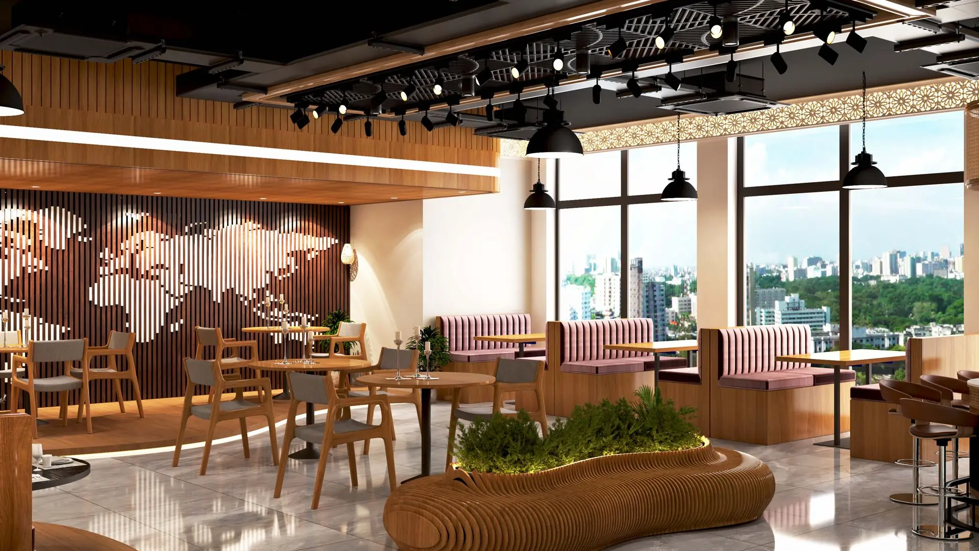 Hotel restaurant furniture with dining tables, chairs, booth seating and bar stools in modern café setting
