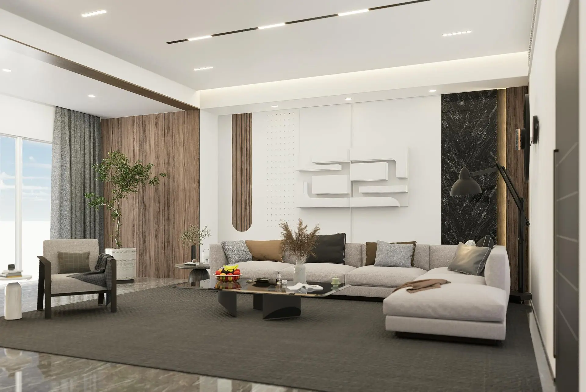 Modern residential living room with soft sectional sofa and contemporary home furniture