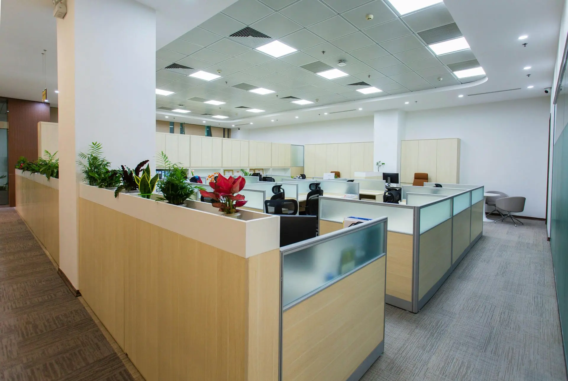 Modern corporate office with ergonomic contract furniture and workstation desks