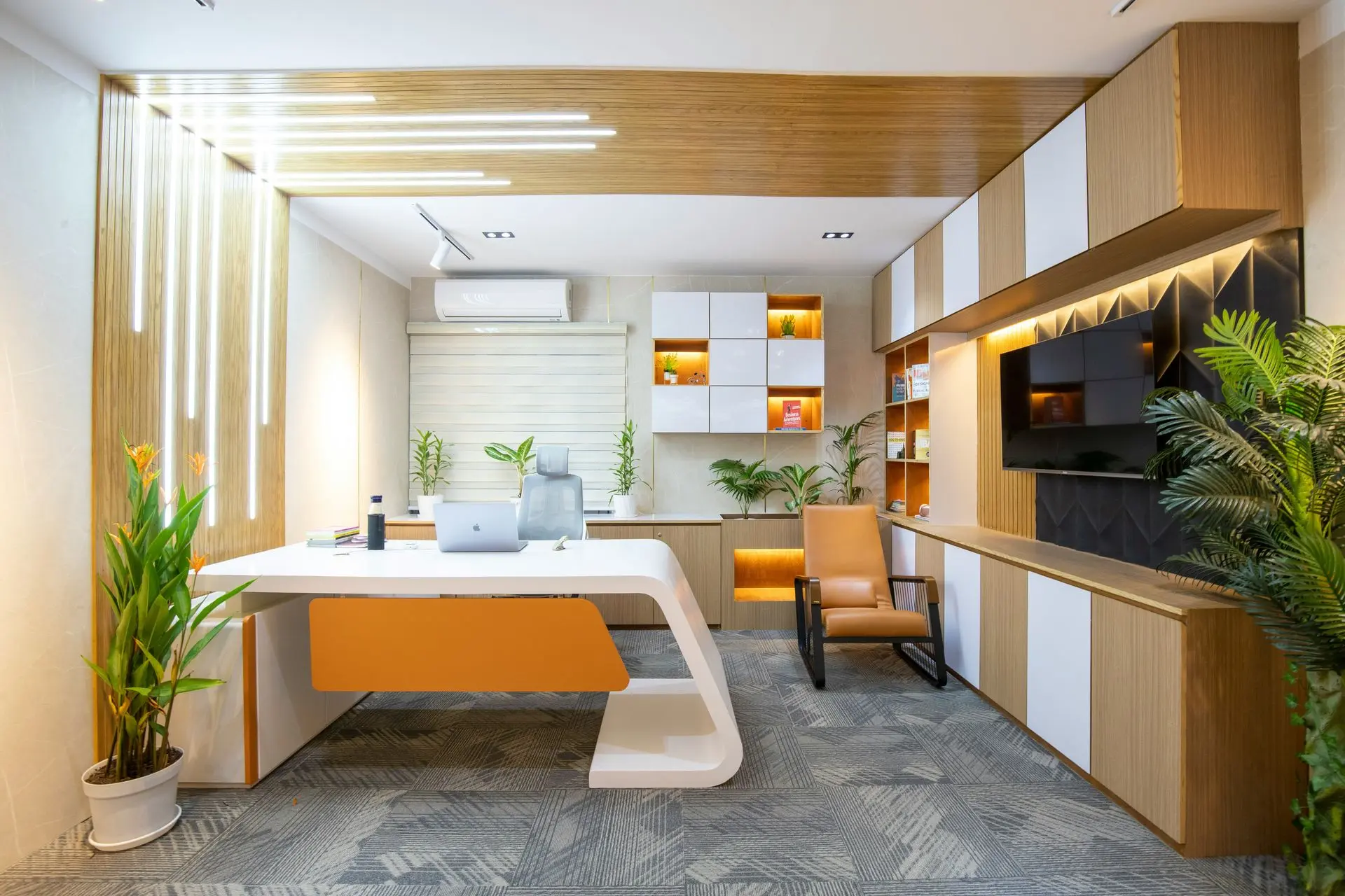 Commercial Office Design Featuring Modern Millwork Materials and Custom Cabinetry Modern office interior showcasing millwork materials with laminate cabinetry and wood veneer wall panels