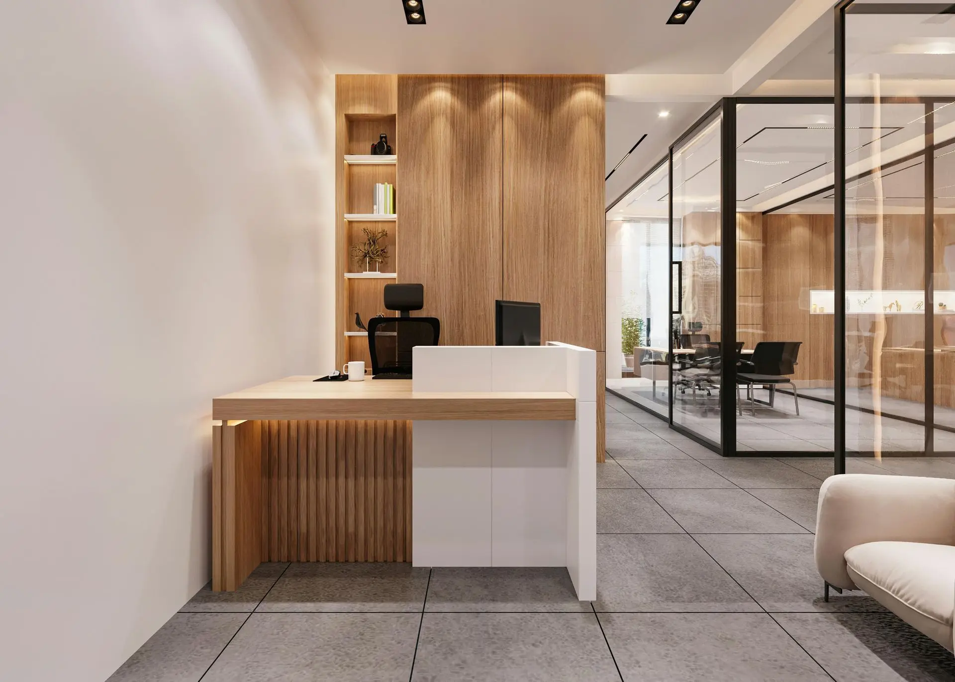 Modern commercial office interior with fire-rated millwork and wood wall paneling