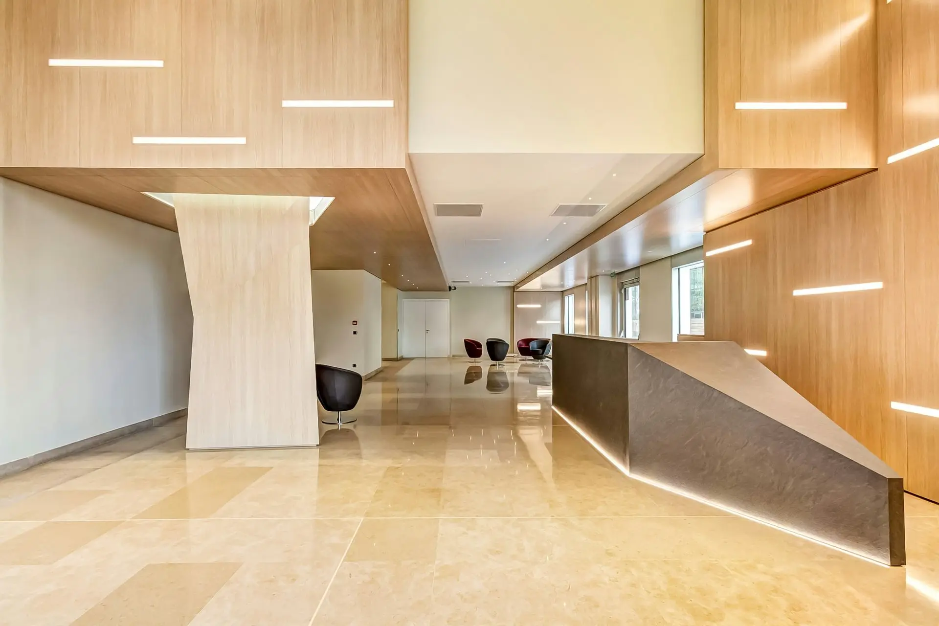 Hotel Development Interior Featuring Fire-Rated Millwork and Modern Reception Design Luxury hotel lobby with fire-rated architectural millwork and reception design