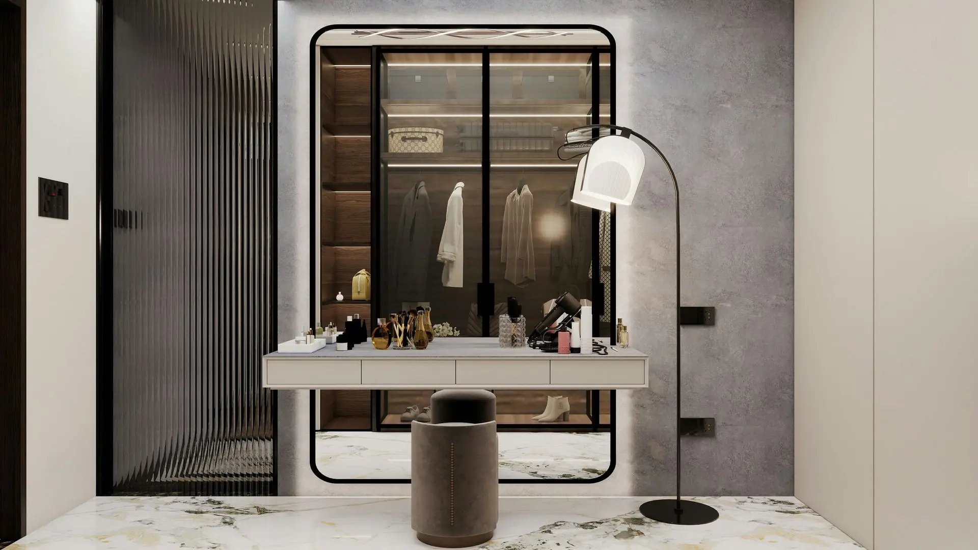 Custom wardrobe and vanity with integrated LED millwork lighting