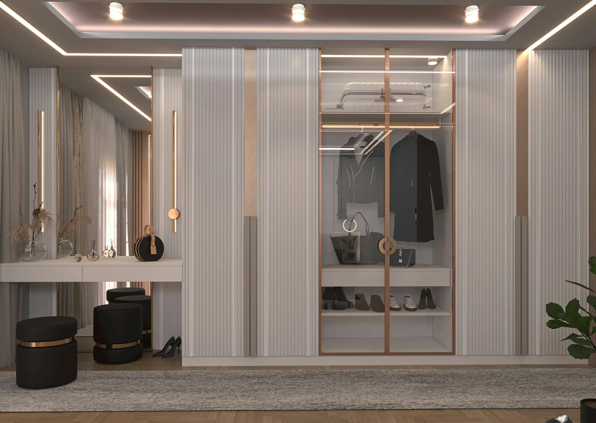 LED millwork lighting integrated into custom wardrobe cabinetry with illuminated vanity