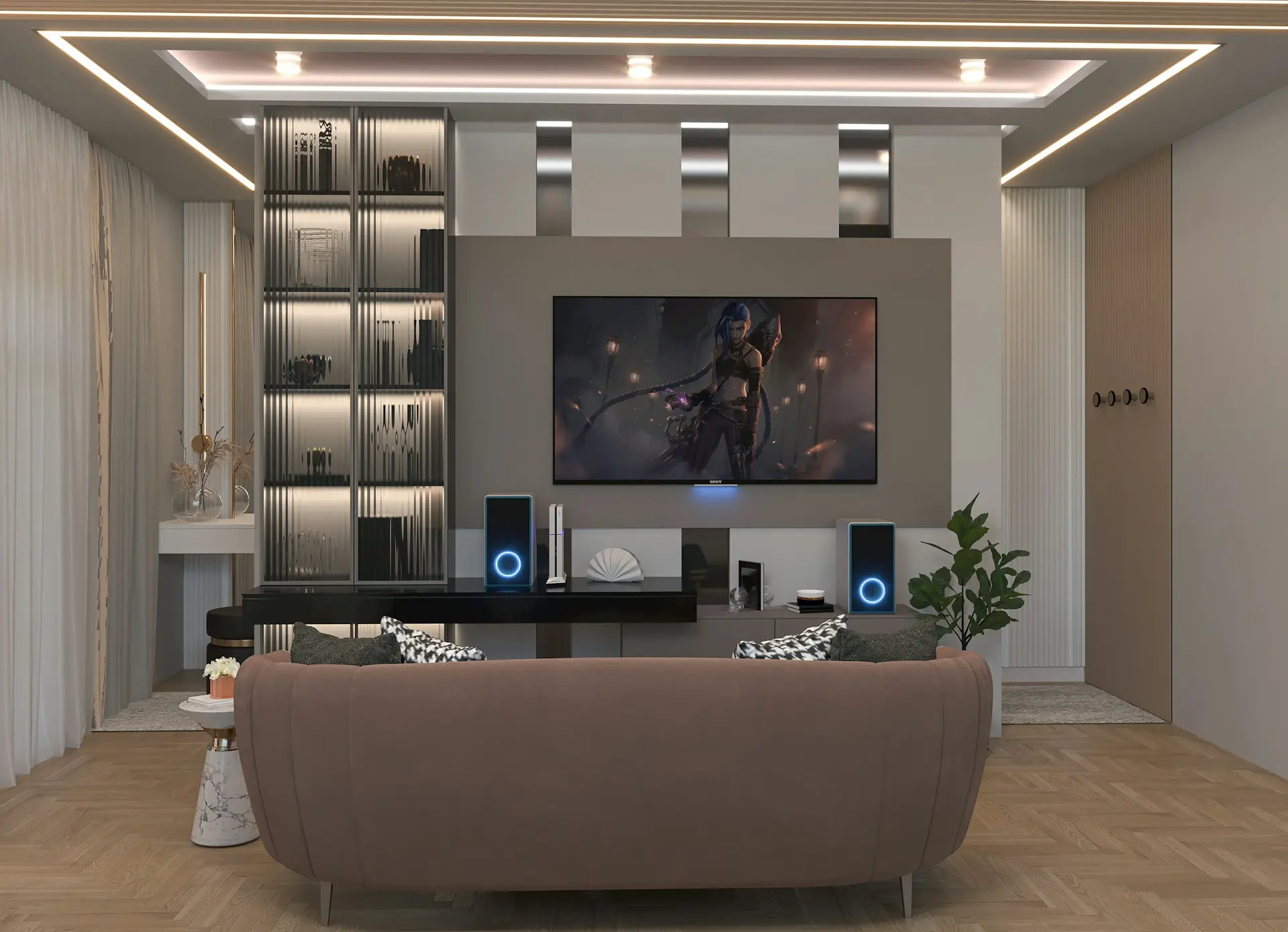 LED millwork lighting integrated into custom living room TV wall and display shelving