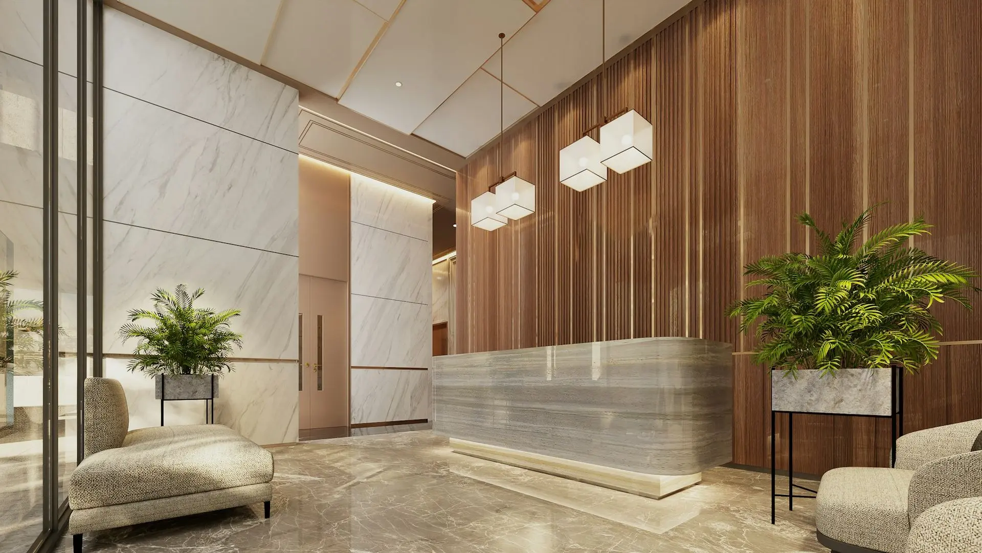 Modern commercial lobby showcasing bespoke joinery, wood wall panels, and reception desk