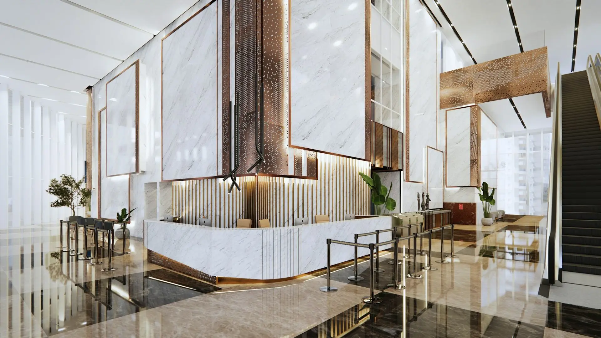 Modern corporate reception counter with custom office millwork
