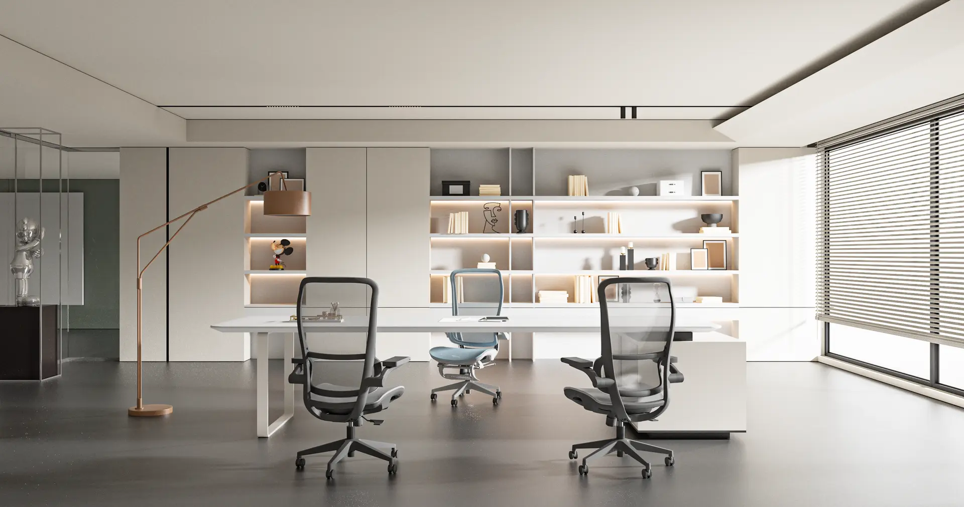 Practical Office Storage and Built-In Shelving Built-in office storage with open shelving and closed cabinets