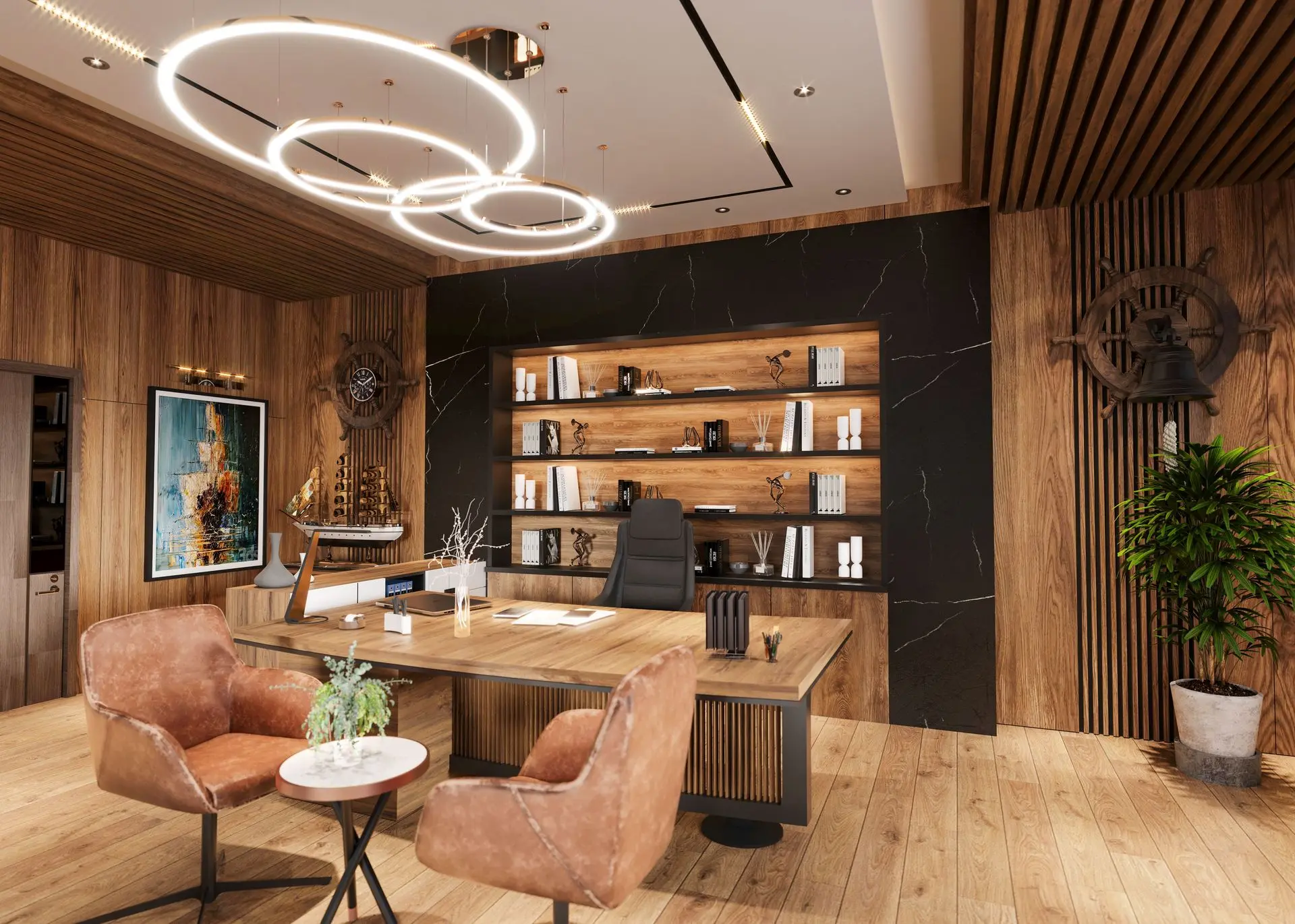 Executive Office Millwork and Built-In Shelving Modern executive office with custom wood millwork and built-in shelving