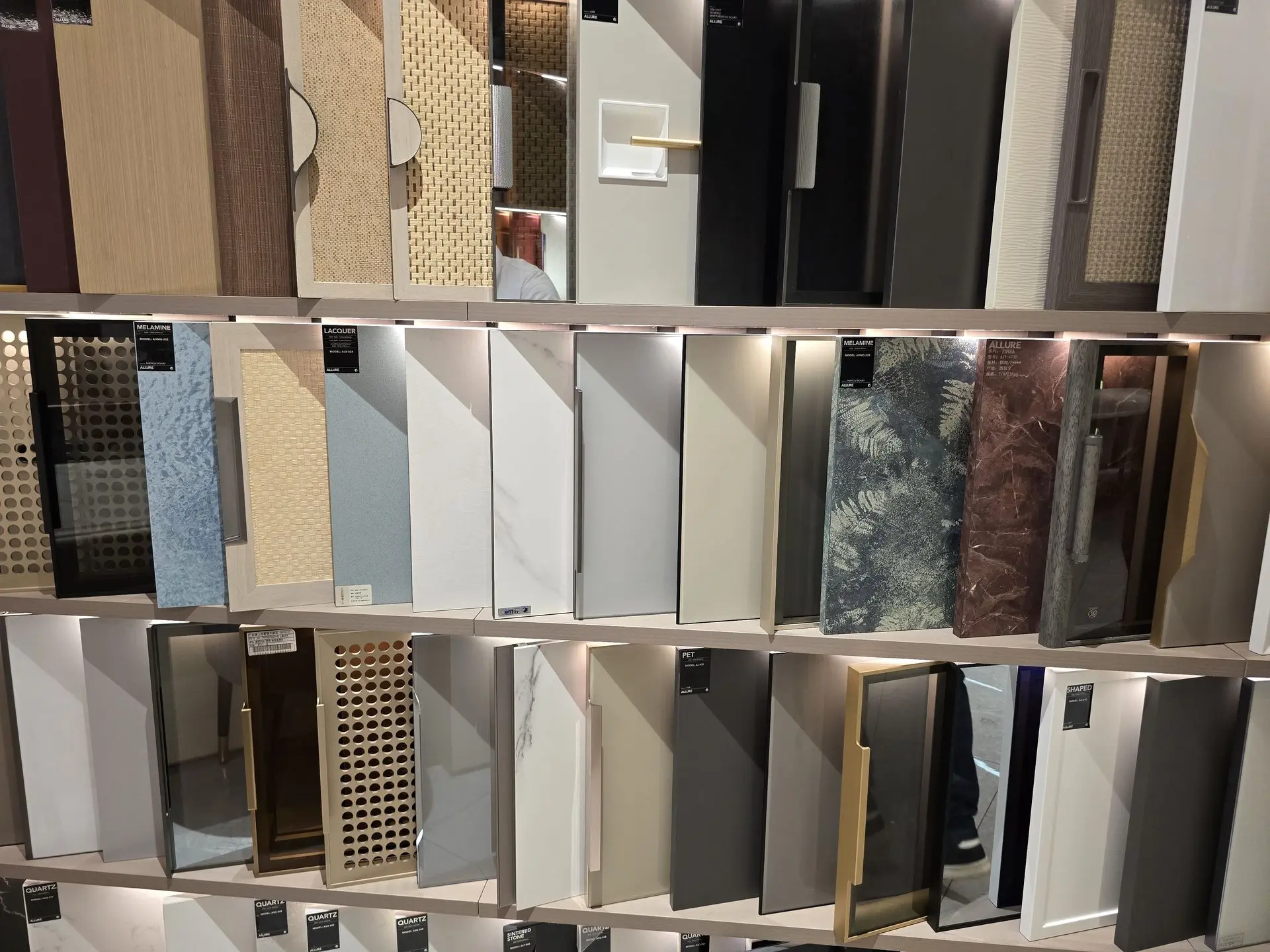 Commercial Office Millwork Materials and Finishes Office millwork material samples including melamine, lacquer, quartz, and stone finishes