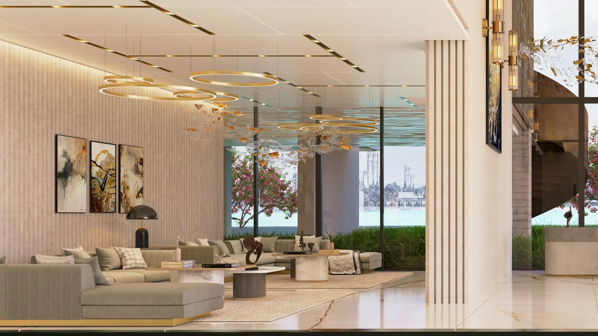Luxury hotel lounge featuring decorative wall panels and coordinated architectural interior finishes