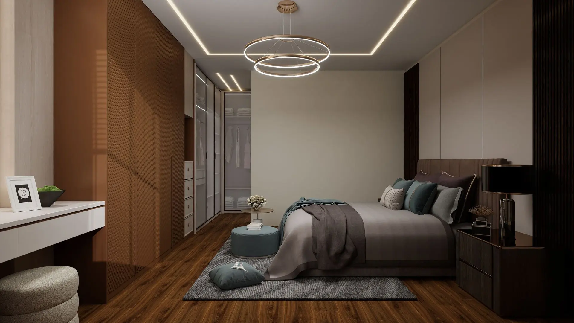 Custom bedroom millwork featuring built-in wardrobes, decorative wood panels, and integrated bedside cabinetry