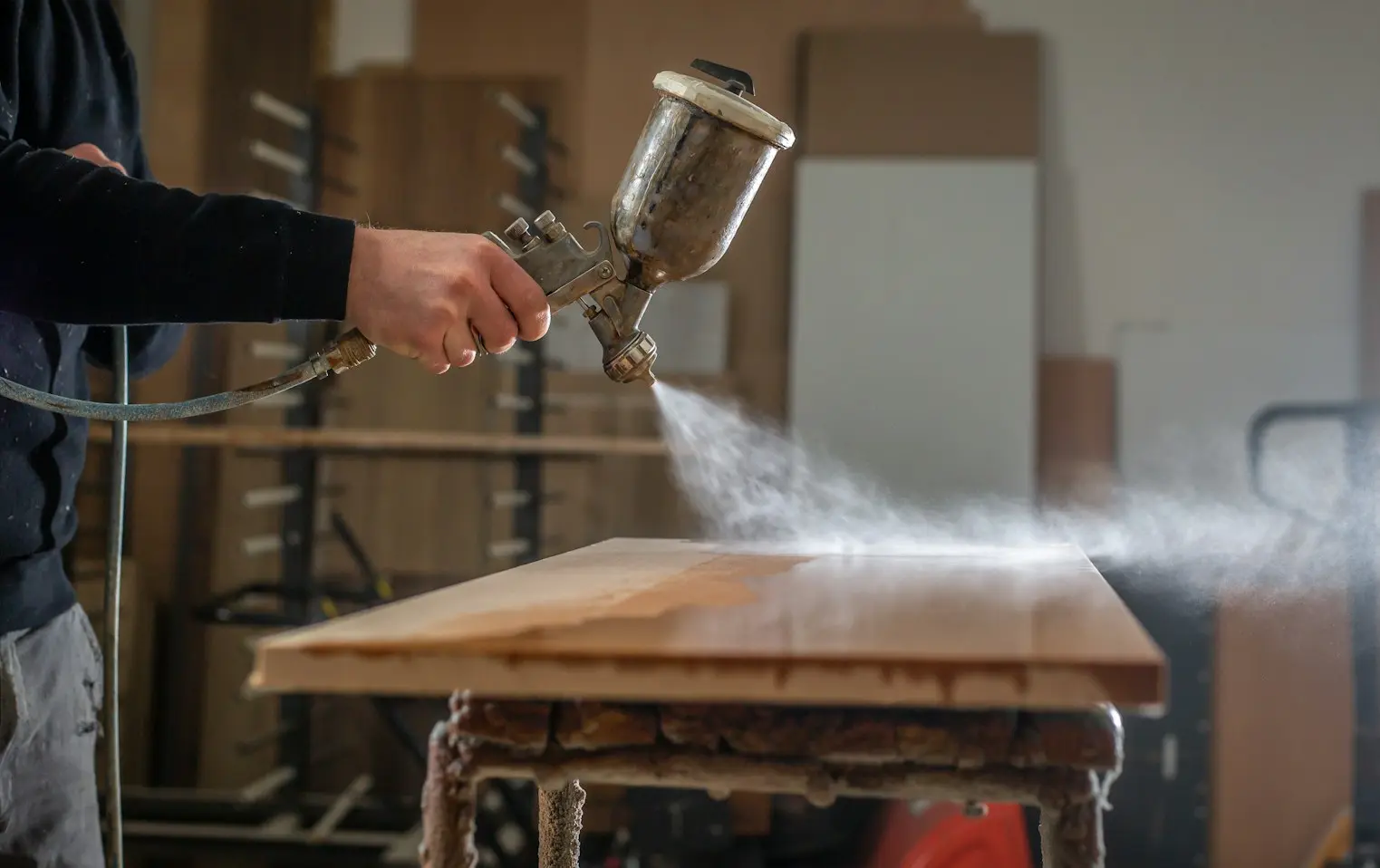 Worker spray finishing a wooden furniture panel in a workshop