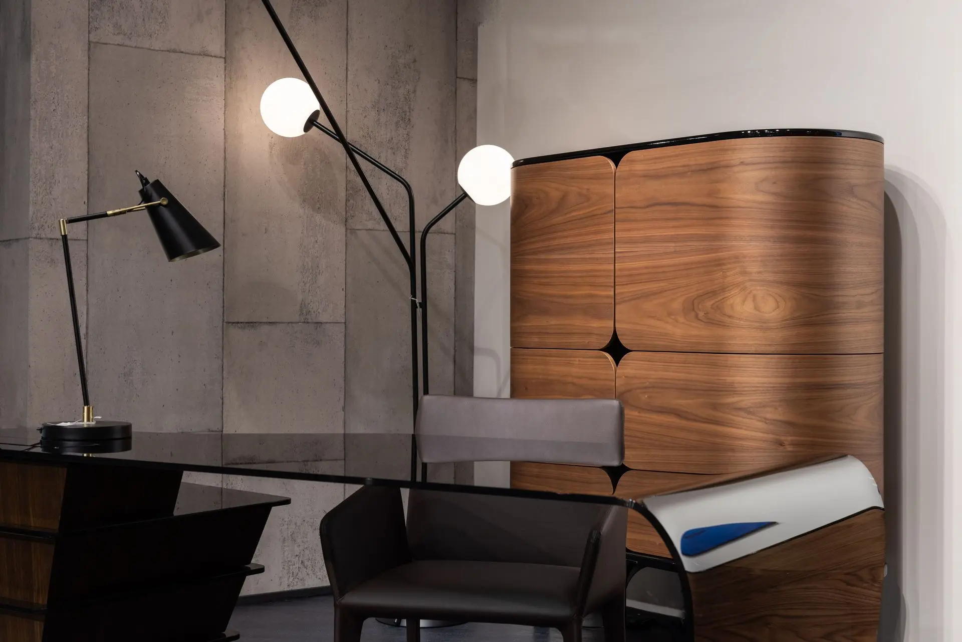 Wood Veneer Finishes for Custom Furniture Curved wooden cabinet with a natural wood-grain finish in a modern interior