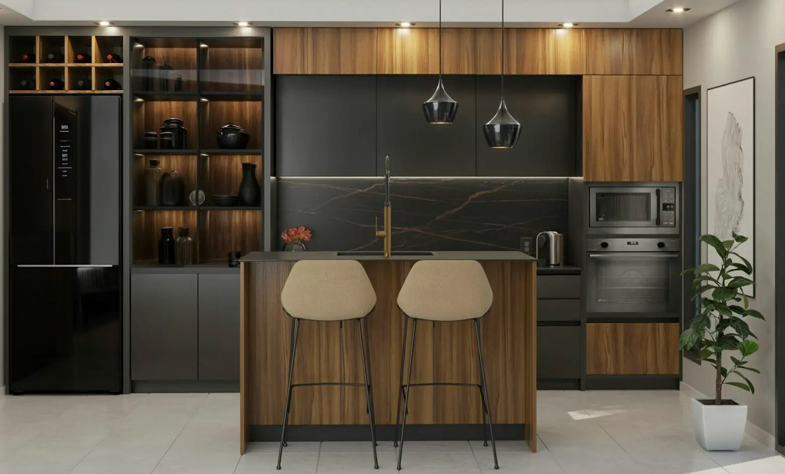 Modern kitchen cabinetry featuring wood-grain finishes and dark cabinet panels